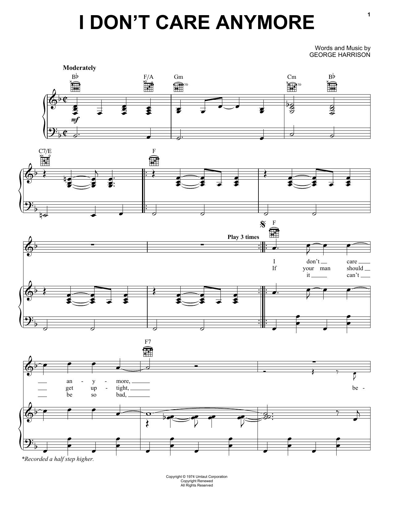 George Harrison I Don't Care Anymore sheet music, chords, lyrics - Printable PDF for Piano, Vocal & Guitar (Right-Hand Melody)