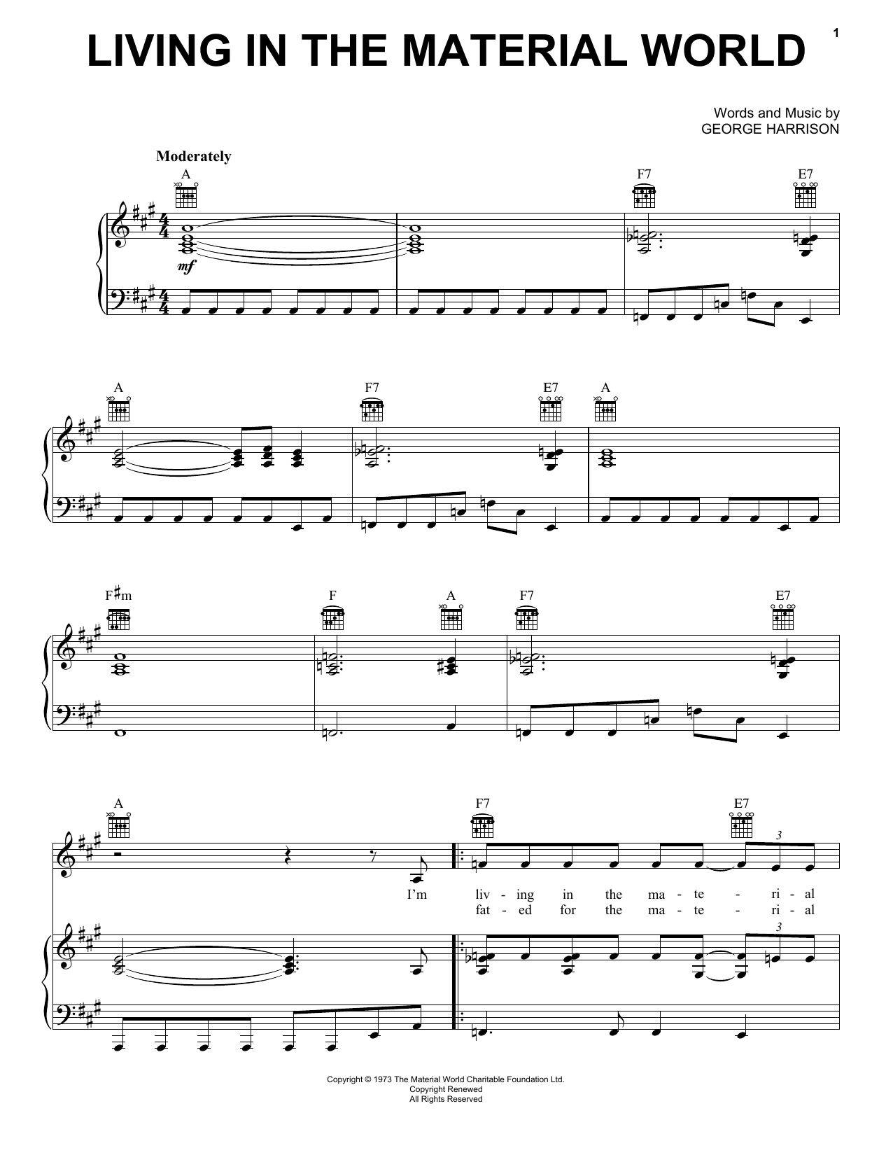 George Harrison Living In The Material World sheet music, chords, lyrics - Printable PDF for Piano, Vocal & Guitar (Right-Hand Melody)