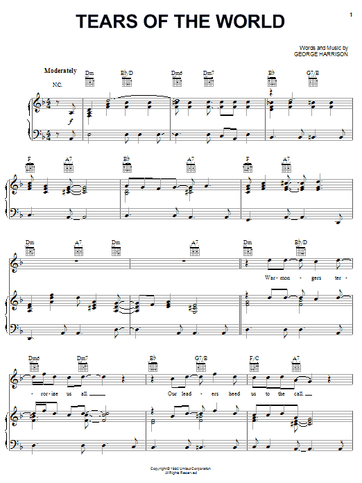 George Harrison Tears Of The World sheet music, chords, lyrics - Printable PDF for Piano, Vocal & Guitar (Right-Hand Melody)