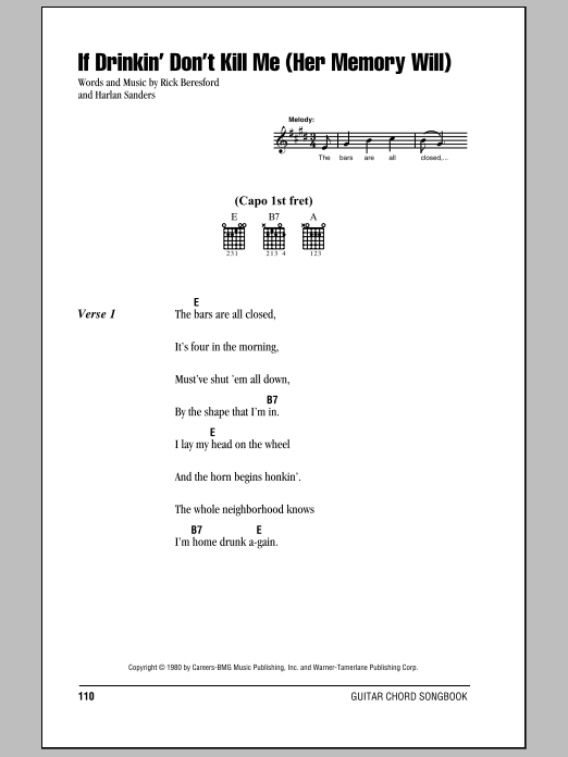 George Jones If Drinkin' Don't Kill Me (Her Memory Will) sheet music, chords, lyrics - Printable PDF for Lyrics & Chords