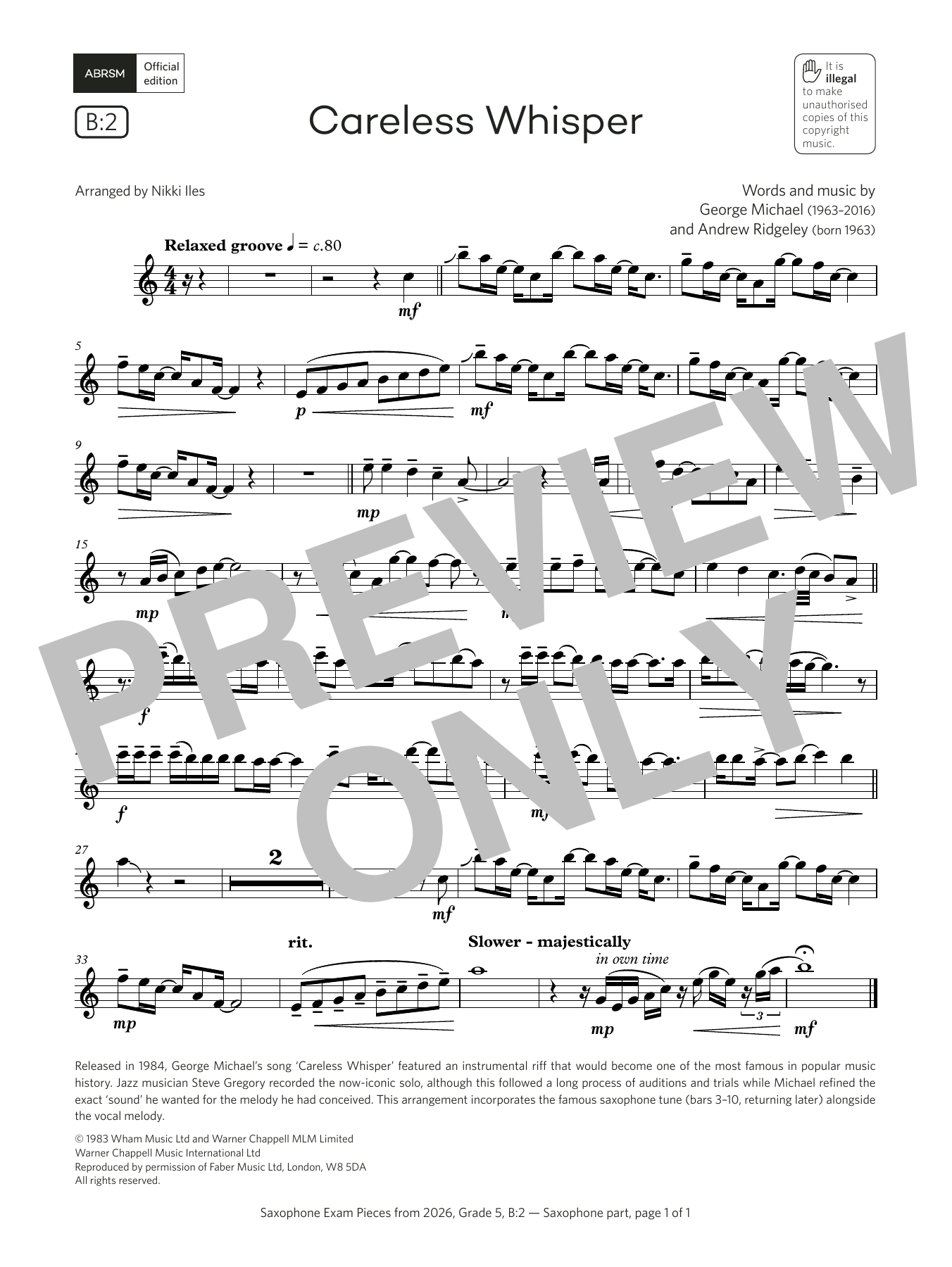 George Michael Careless Whisper (Grade 5, list B2, from the ABRSM Saxophone Syllabus from 2026) sheet music, chords, lyrics - Printable PDF for Alto Sax Solo