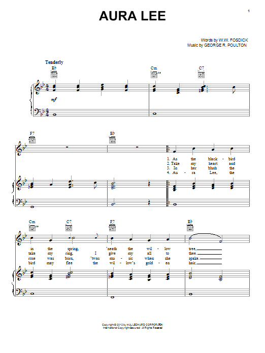 Download George R. Poulton Aura Lee sheet music notes and chords for Piano, Vocal & Guitar (Right-Hand Melody) - Download Printable PDF and start playing in minutes.
