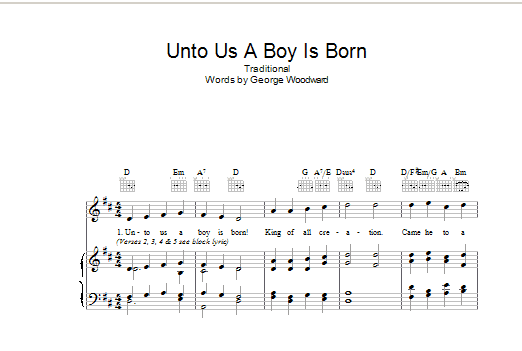 Christmas Carol Unto Us A Boy Is Born sheet music, chords, lyrics - Printable PDF for Piano, Vocal & Guitar (Right-Hand Melody)