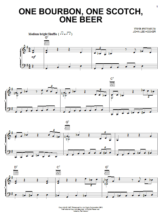George Thorogood & The Destroyers One Bourbon, One Scotch, One Beer sheet music, chords, lyrics - Printable PDF for Piano, Vocal & Guitar (Right-Hand Melody)