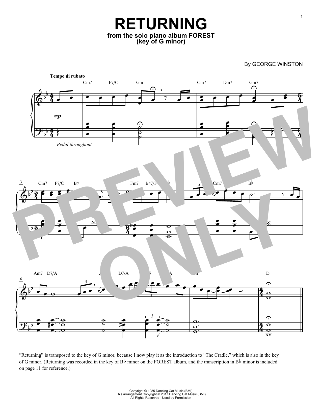 George Winston Returning In The Key Of G Minor sheet music, chords, lyrics - Printable PDF for Piano