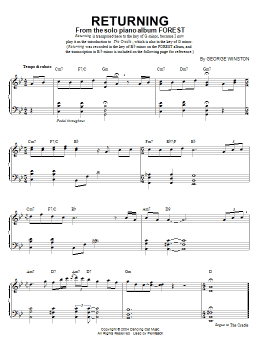George Winston Returning sheet music, chords, lyrics - Printable PDF for Piano