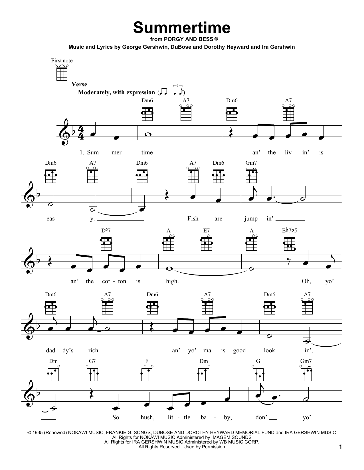 Learn to play George Gershwin Summertime sheet music for Ukulele in minutes. George Gershwin Summertime sheet music preview music notes and score for Ukulele including 2 page(s)