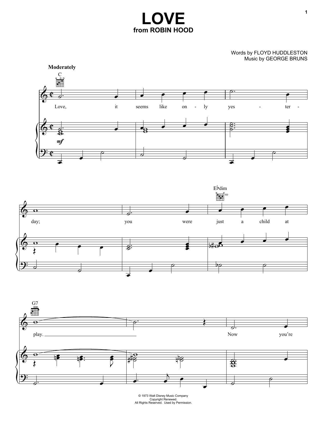 Learn to play George Bruns Love sheet music for Piano, Vocal & Guitar (Right-Hand Melody) in minutes. George Bruns Love sheet music preview music notes and score for Piano, Vocal & Guitar (Right-Hand Melody) including 3 page(s)
