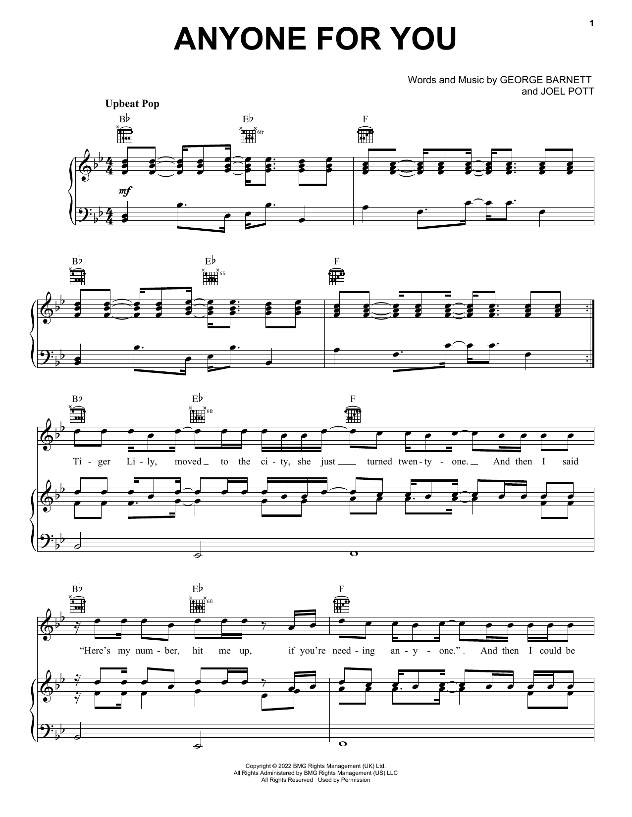 Learn to play George Ezra Anyone For You (Tiger Lily) sheet music for Piano, Vocal & Guitar Chords (Right-Hand Melody) in minutes. George Ezra Anyone For You (Tiger Lily) sheet music preview music notes and score for Piano, Vocal & Guitar Chords (Right-Hand Melody) including 7 page(s)