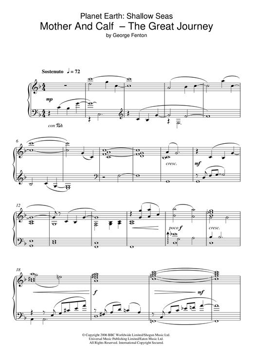 Learn to play George Fenton Planet Earth: Mother And Calf - The Great Journey sheet music for Piano in minutes. George Fenton Planet Earth: Mother And Calf - The Great Journey sheet music notes and chords