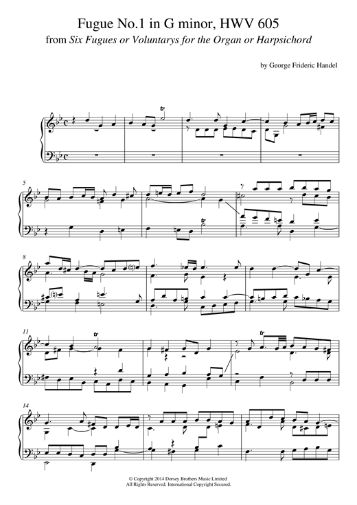 Learn to play George Frideric Handel Fugue No.1 In G Minor (From 6 Fugues) HWV 605 sheet music for Piano in minutes. George Frideric Handel Fugue No.1 In G Minor (From 6 Fugues) HWV 605 sheet music notes and chords