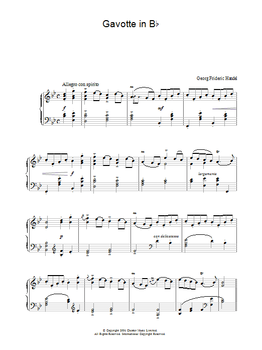 Learn to play George Frideric Handel Gavotte in B Flat sheet music for Piano in minutes. George Frideric Handel Gavotte in B Flat sheet music preview music notes and score for Piano including 6 page(s)