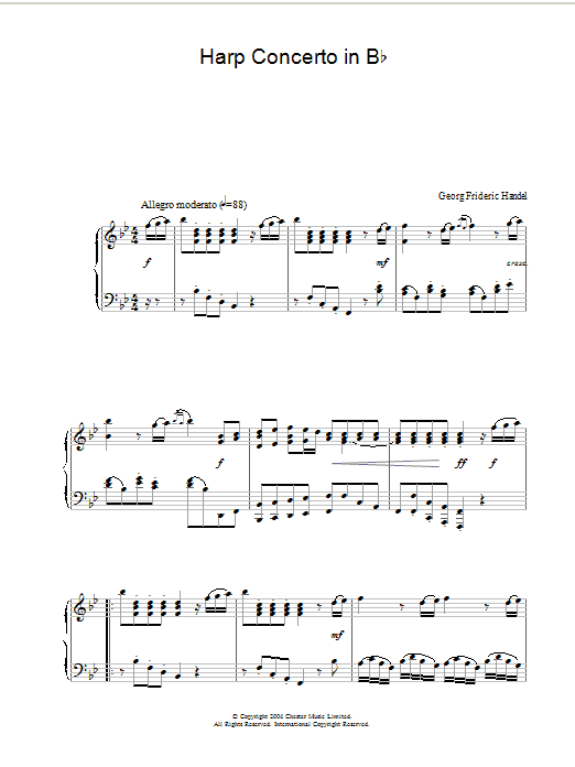 Learn to play George Frideric Handel Harp Concerto in B Flat sheet music for Piano in minutes. George Frideric Handel Harp Concerto in B Flat sheet music preview music notes and score for Piano including 7 page(s)
