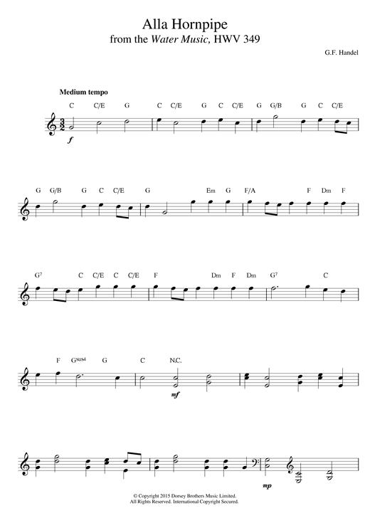 Learn to play George Frideric Handel Hornpipe (from The Water Music Suite) sheet music for Piano in minutes. George Frideric Handel Hornpipe (from The Water Music Suite) sheet music notes and chords