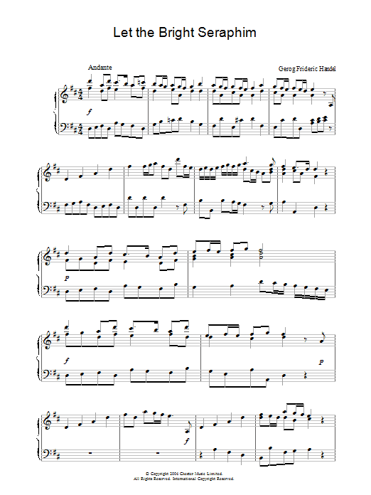 Learn to play George Frideric Handel Let the Bright Seraphim sheet music for Piano in minutes. George Frideric Handel Let the Bright Seraphim sheet music preview music notes and score for Piano including 5 page(s)