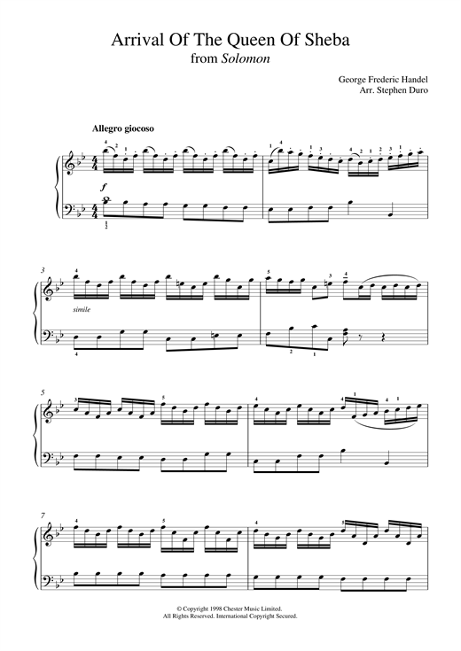 Learn to play George Frideric Handel The Arrival Of The Queen Of Sheba (from Solomon) sheet music for Piano in minutes. George Frideric Handel The Arrival Of The Queen Of Sheba (from Solomon) sheet music notes and chords