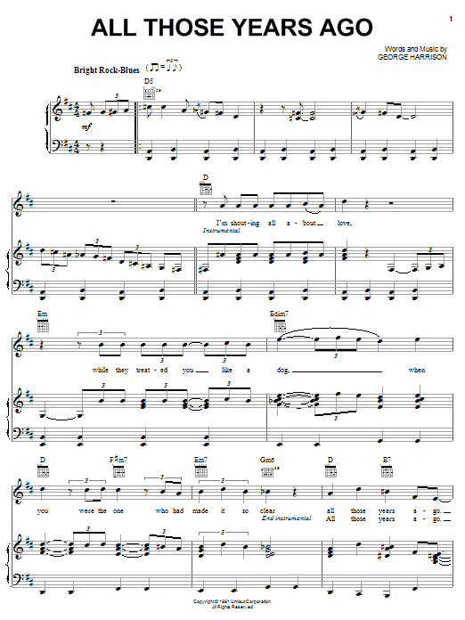 Learn to play George Harrison All Those Years Ago sheet music for Piano, Vocal & Guitar (Right-Hand Melody) in minutes. George Harrison All Those Years Ago sheet music notes and chords