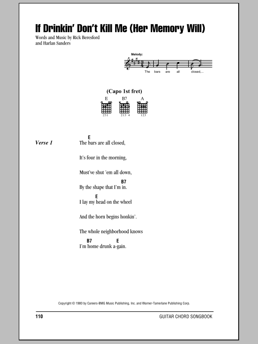George Jones If Drinkin' Don't Kill Me (Her Memory Will) sheet music preview music notes and score for Lyrics & Chords including 2 page(s)