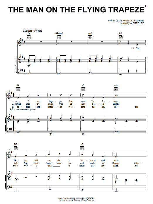 George Leybourne The Man On The Flying Trapeze sheet music preview music notes and score for Piano, Vocal & Guitar (Right-Hand Melody) including 4 page(s)
