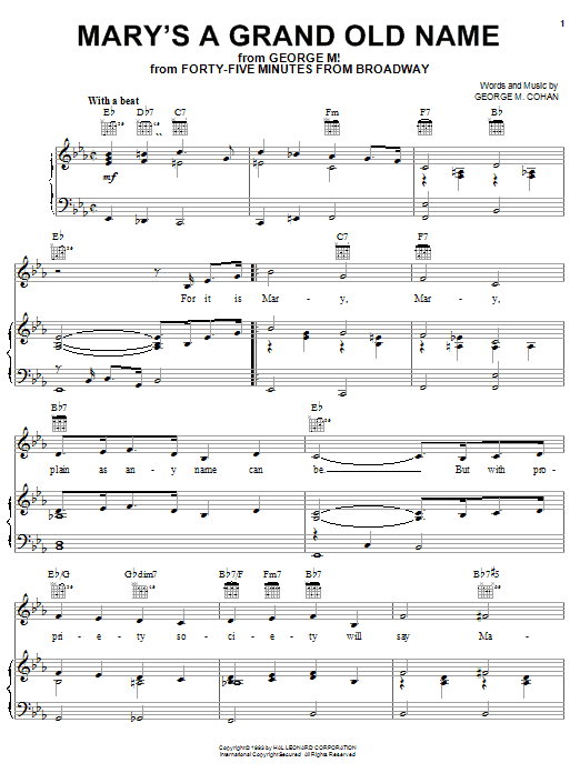 Learn to play George M. Cohan Mary's A Grand Old Name sheet music for Piano, Vocal & Guitar (Right-Hand Melody) in minutes. George M. Cohan Mary's A Grand Old Name sheet music preview music notes and score for Piano, Vocal & Guitar (Right-Hand Melody) including 2 page(s)