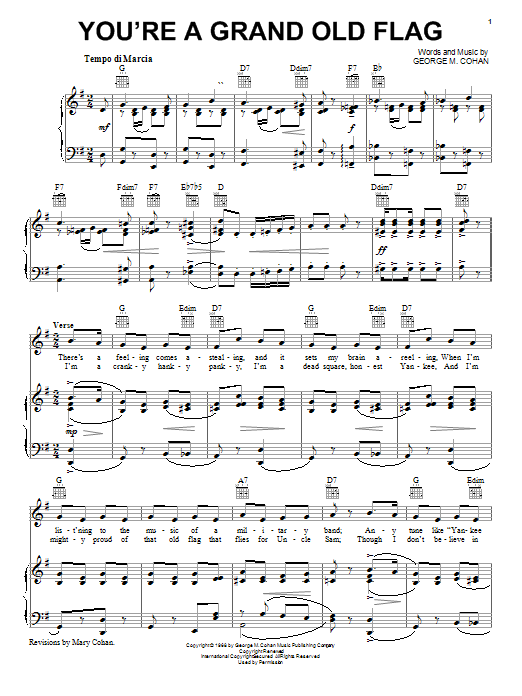 Learn to play George M. Cohan You're A Grand Old Flag sheet music for Piano, Vocal & Guitar (Right-Hand Melody) in minutes. George M. Cohan You're A Grand Old Flag sheet music notes and chords