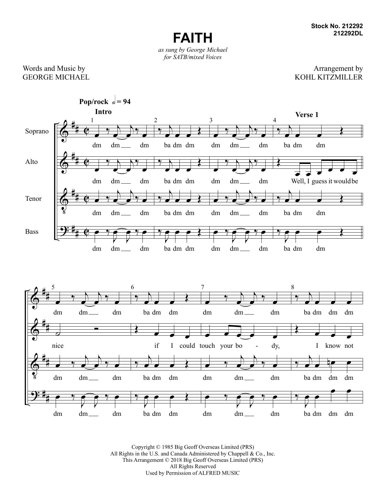Learn to play George Michael Faith (arr. Kohl Kitzmiller) sheet music for SSAA Choir in minutes. George Michael Faith (arr. Kohl Kitzmiller) sheet music preview music notes and score for SSAA Choir including 11 page(s)