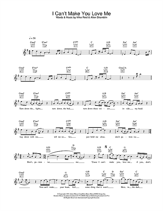 Learn to play George Michael I Can’t Make You Love Me sheet music for Melody Line, Lyrics & Chords in minutes. George Michael I Can’t Make You Love Me sheet music preview music notes and score for Melody Line, Lyrics & Chords including 2 page(s)