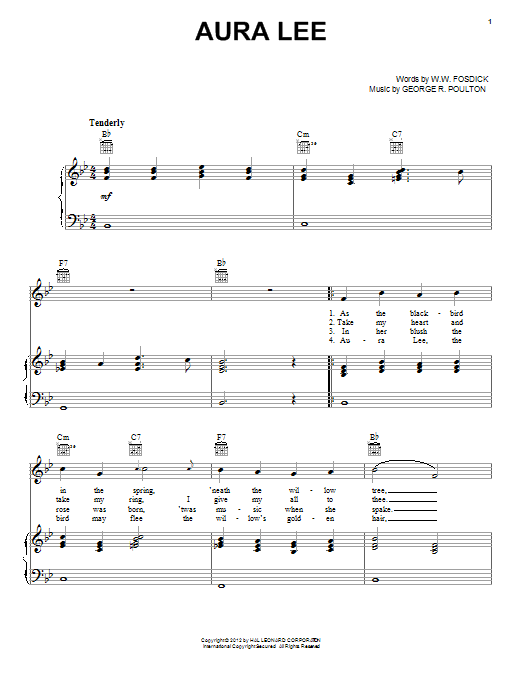 Learn to play George R. Poulton Aura Lee sheet music for Piano, Vocal & Guitar (Right-Hand Melody) in minutes. George R. Poulton Aura Lee sheet music preview music notes and score for Piano, Vocal & Guitar (Right-Hand Melody) including 2 page(s)