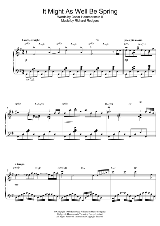 Learn to play George Shearing It Might As Well Be Spring (from 'State Fair') sheet music for Piano Solo in minutes. George Shearing It Might As Well Be Spring (from 'State Fair') sheet music preview music notes and score for Piano Solo including 8 page(s)