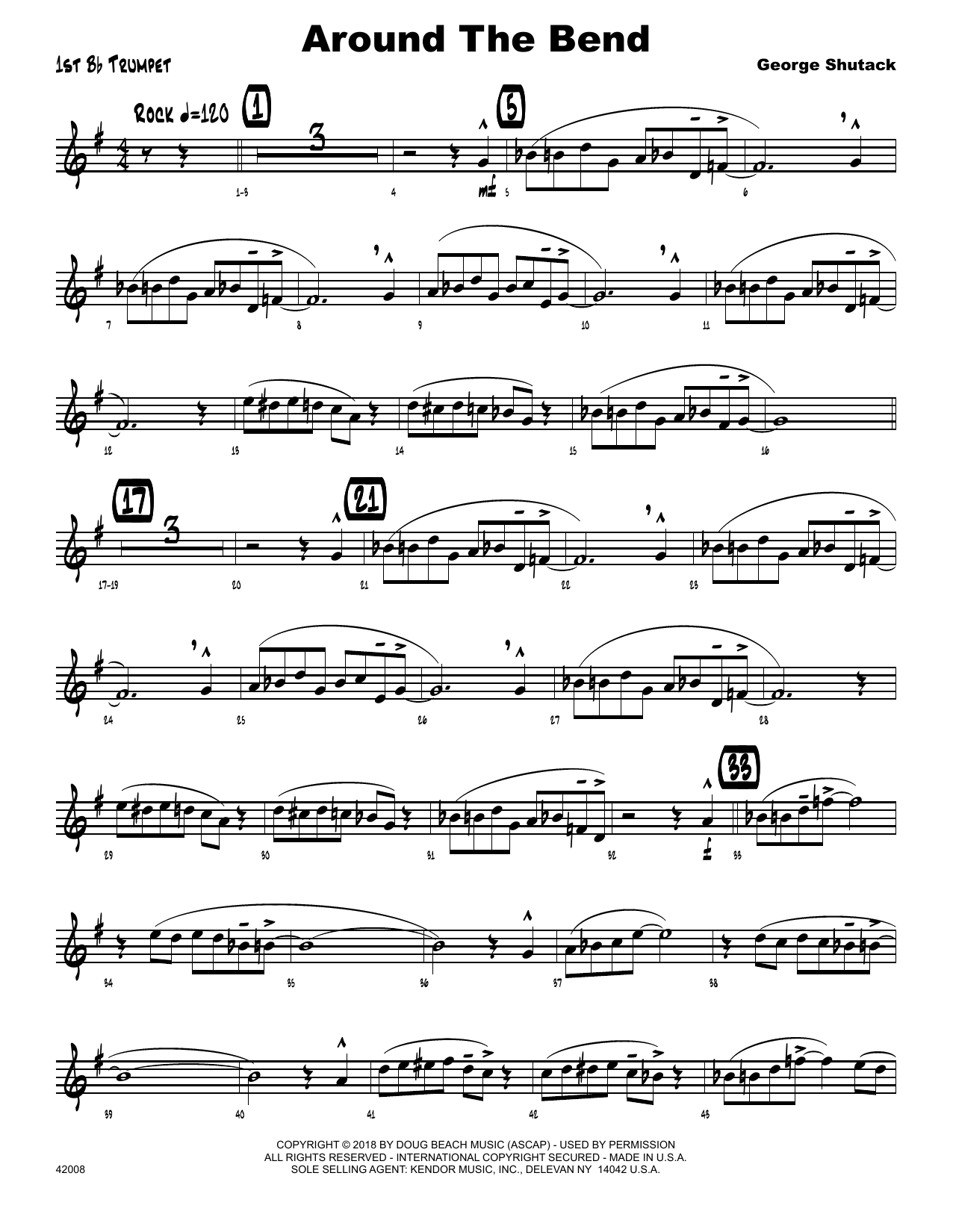 Learn to play George Shutack Around The Bend - 1st Bb Trumpet sheet music for Jazz Ensemble in minutes. George Shutack Around The Bend - 1st Bb Trumpet sheet music preview music notes and score for Jazz Ensemble including 2 page(s)