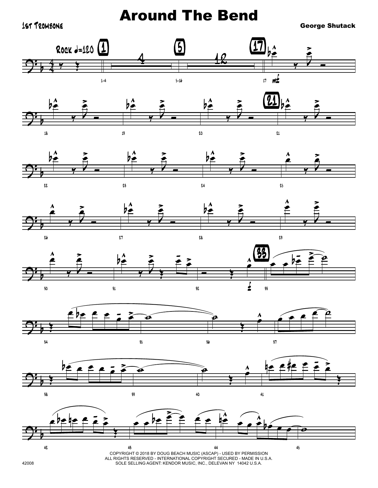 Learn to play George Shutack Around The Bend - 1st Trombone sheet music for Jazz Ensemble in minutes. George Shutack Around The Bend - 1st Trombone sheet music preview music notes and score for Jazz Ensemble including 2 page(s)