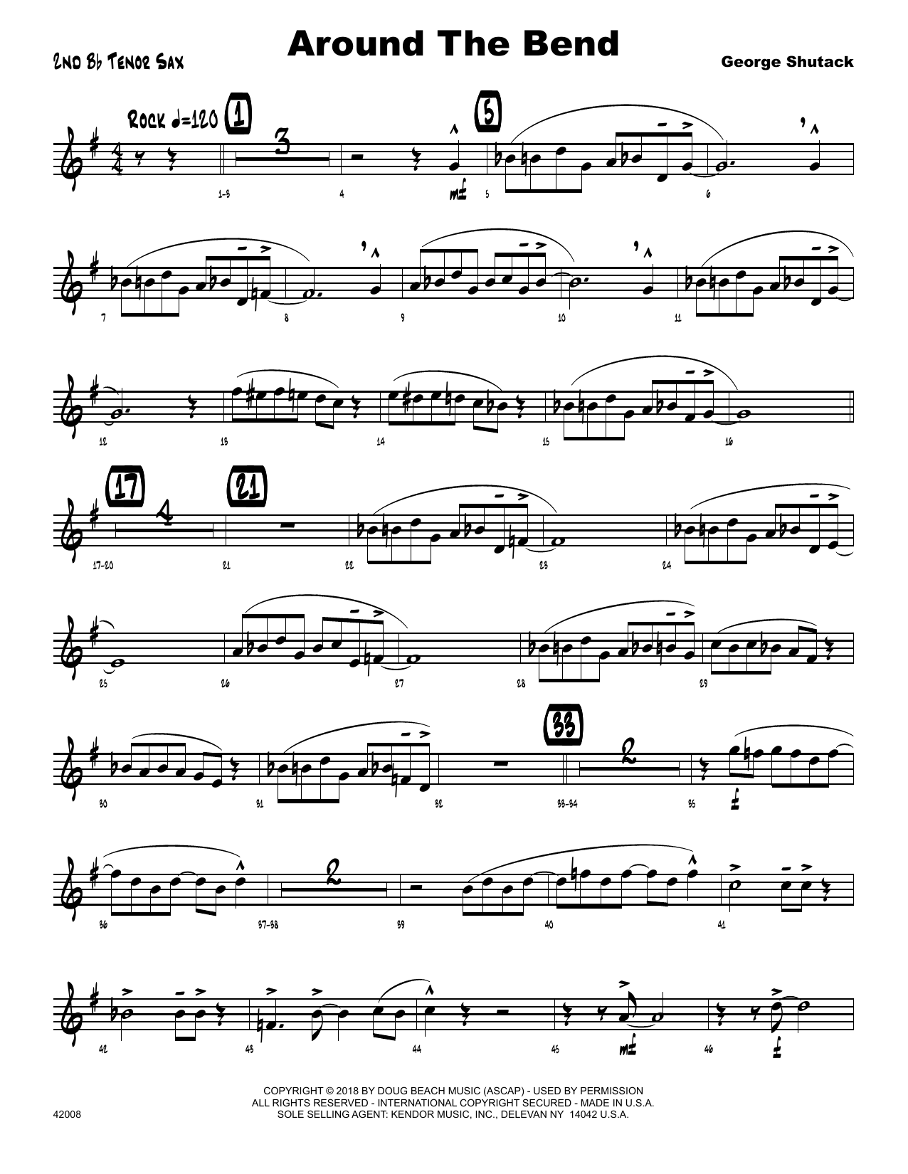 Learn to play George Shutack Around The Bend - 2nd Bb Tenor Saxophone sheet music for Jazz Ensemble in minutes. George Shutack Around The Bend - 2nd Bb Tenor Saxophone sheet music preview music notes and score for Jazz Ensemble including 2 page(s)