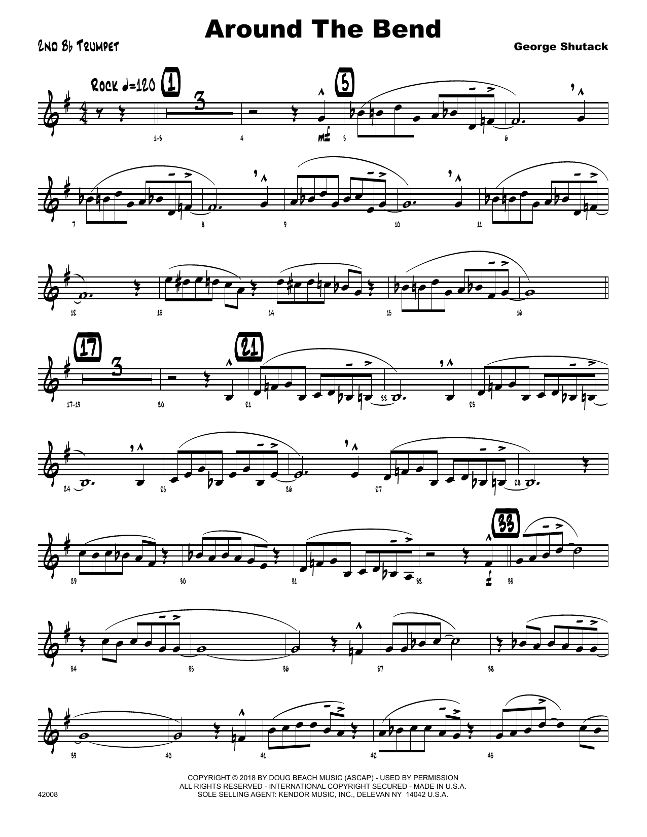 Learn to play George Shutack Around The Bend - 2nd Bb Trumpet sheet music for Jazz Ensemble in minutes. George Shutack Around The Bend - 2nd Bb Trumpet sheet music preview music notes and score for Jazz Ensemble including 2 page(s)