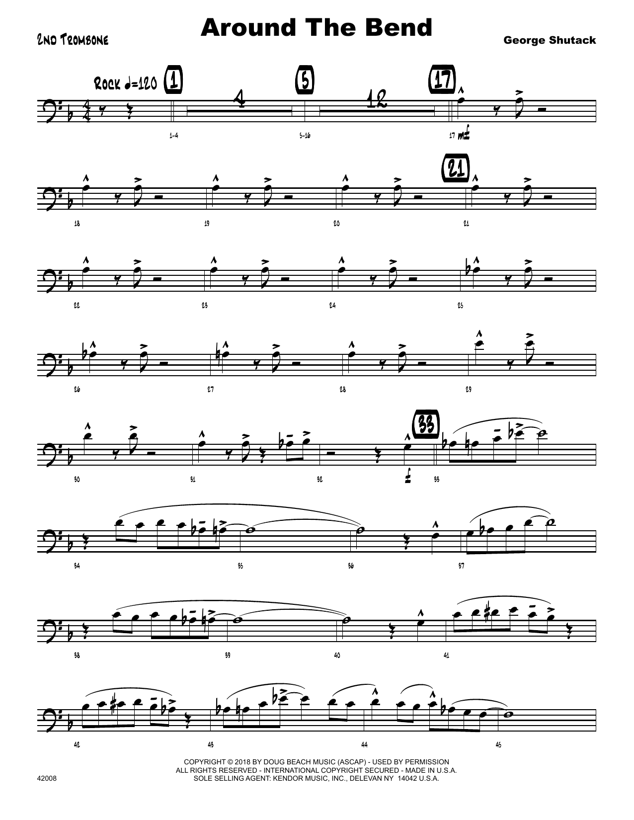 Learn to play George Shutack Around The Bend - 2nd Trombone sheet music for Jazz Ensemble in minutes. George Shutack Around The Bend - 2nd Trombone sheet music preview music notes and score for Jazz Ensemble including 2 page(s)