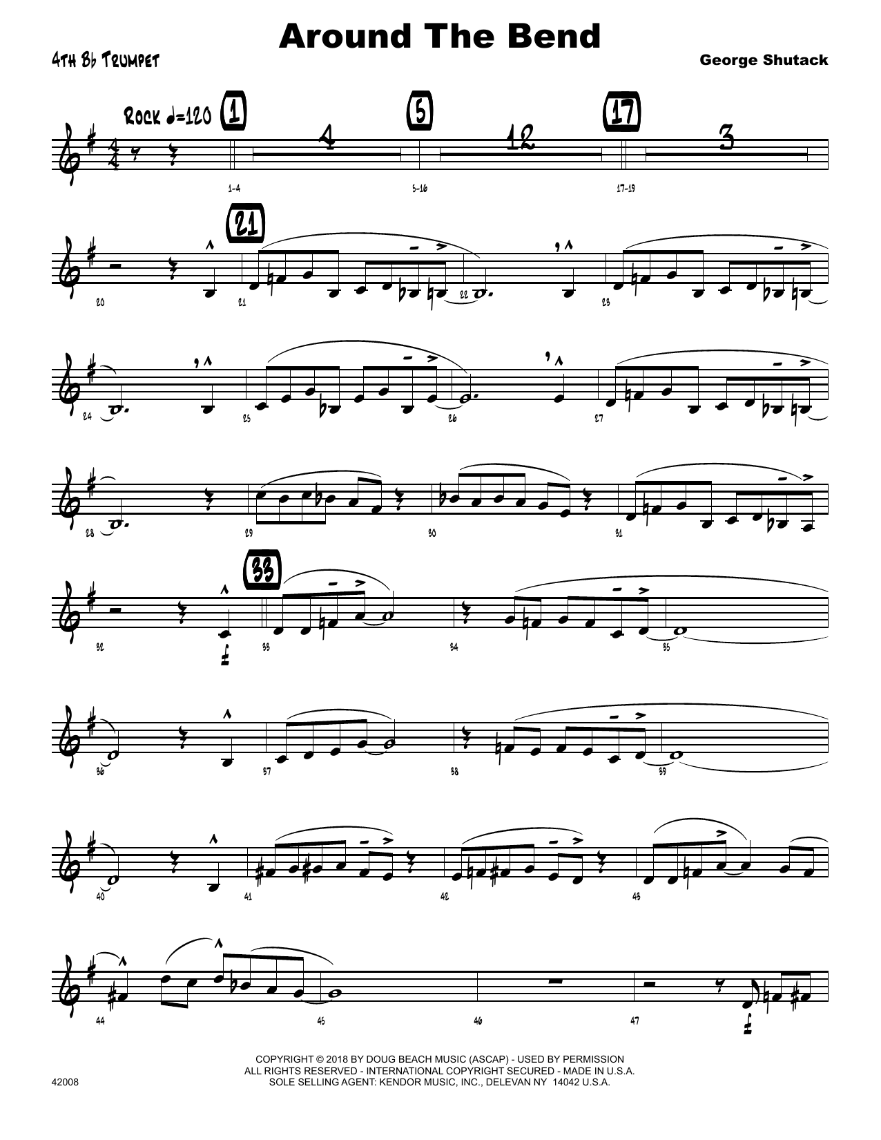Learn to play George Shutack Around The Bend - 4th Bb Trumpet sheet music for Jazz Ensemble in minutes. George Shutack Around The Bend - 4th Bb Trumpet sheet music preview music notes and score for Jazz Ensemble including 2 page(s)