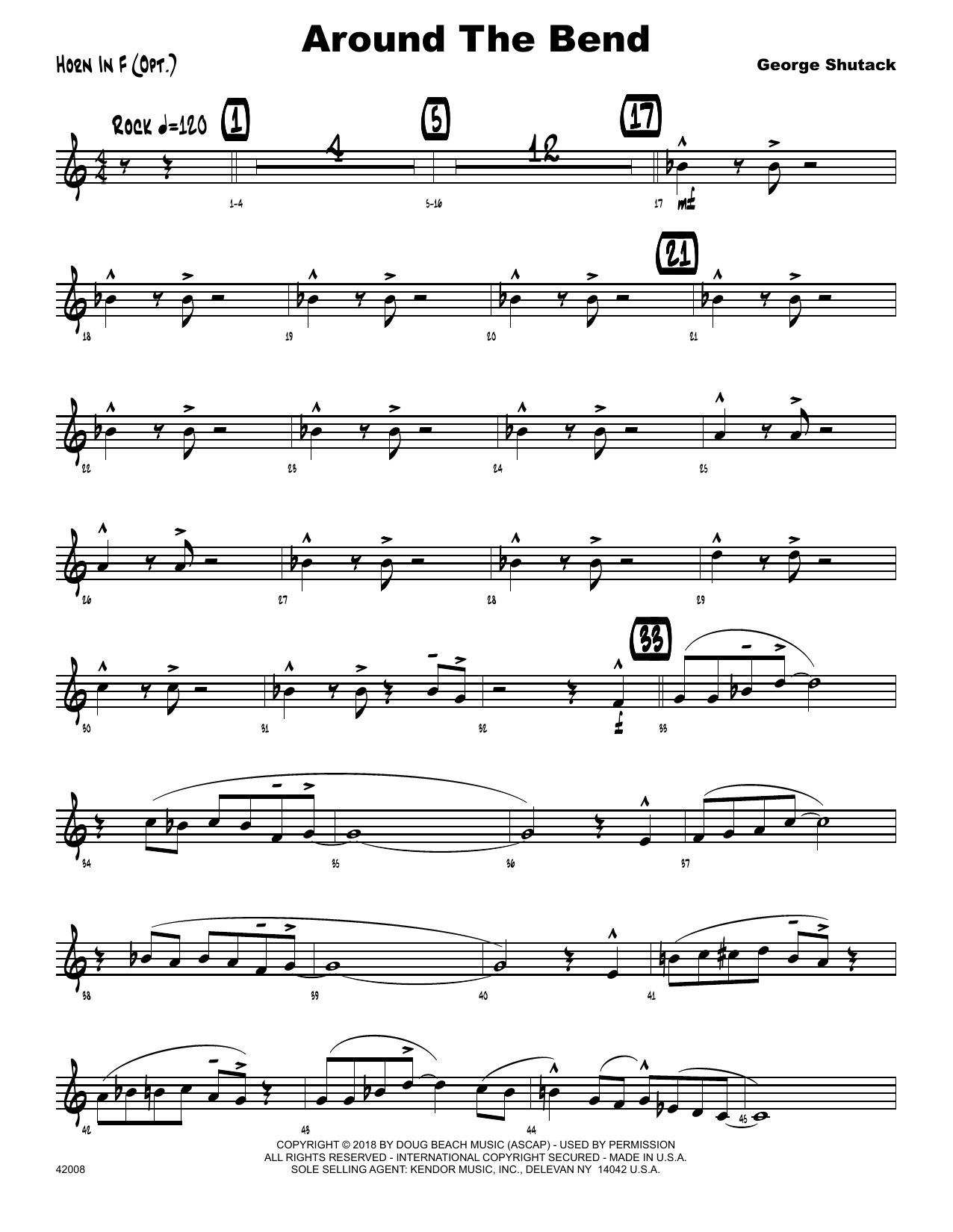 Learn to play George Shutack Around The Bend - Horn in F sheet music for Jazz Ensemble in minutes. George Shutack Around The Bend - Horn in F sheet music preview music notes and score for Jazz Ensemble including 2 page(s)