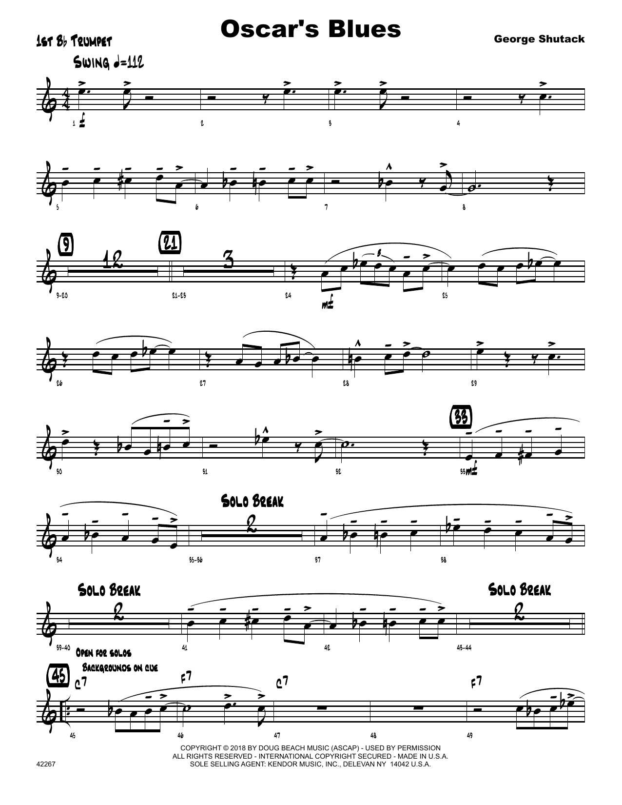 George Shutack Oscar's Blues - 1st Bb Trumpet sheet music preview music notes and score for Jazz Ensemble including 2 page(s)