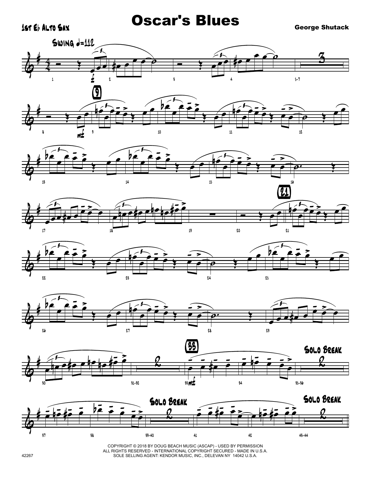 George Shutack Oscar's Blues - 1st Eb Alto Saxophone sheet music preview music notes and score for Jazz Ensemble including 2 page(s)