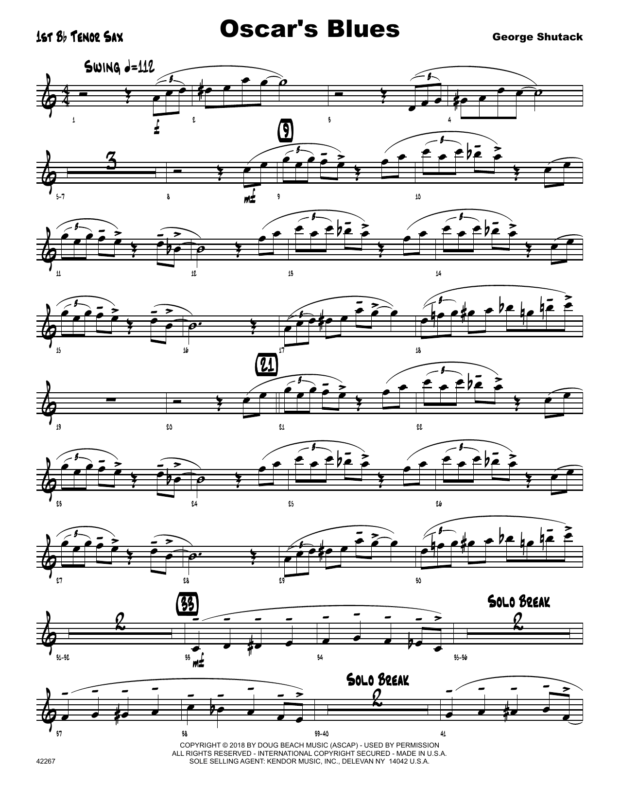 Learn to play George Shutack Oscar's Blues - 1st Tenor Saxophone sheet music for Jazz Ensemble in minutes. George Shutack Oscar's Blues - 1st Tenor Saxophone sheet music preview music notes and score for Jazz Ensemble including 2 page(s)