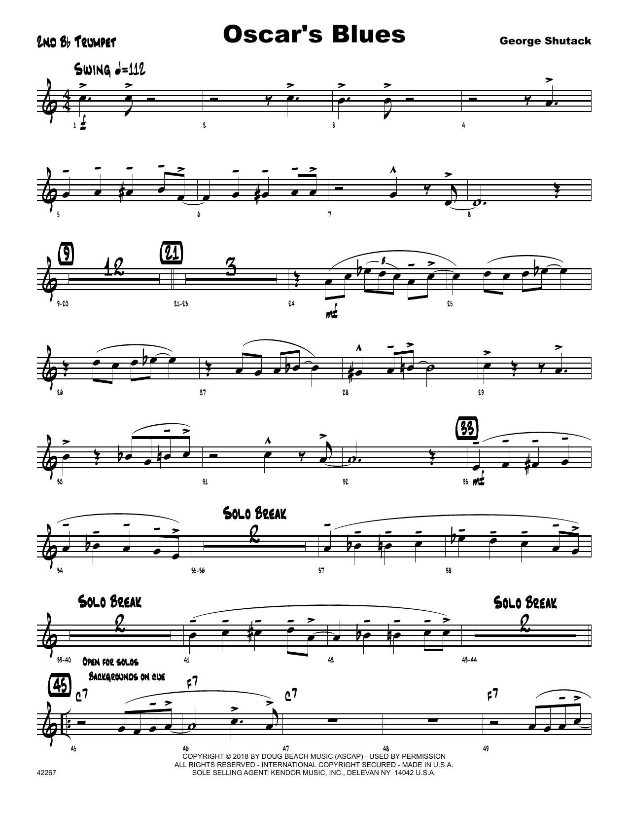 Learn to play George Shutack Oscar's Blues - 2nd Bb Trumpet sheet music for Jazz Ensemble in minutes. George Shutack Oscar's Blues - 2nd Bb Trumpet sheet music preview music notes and score for Jazz Ensemble including 2 page(s)