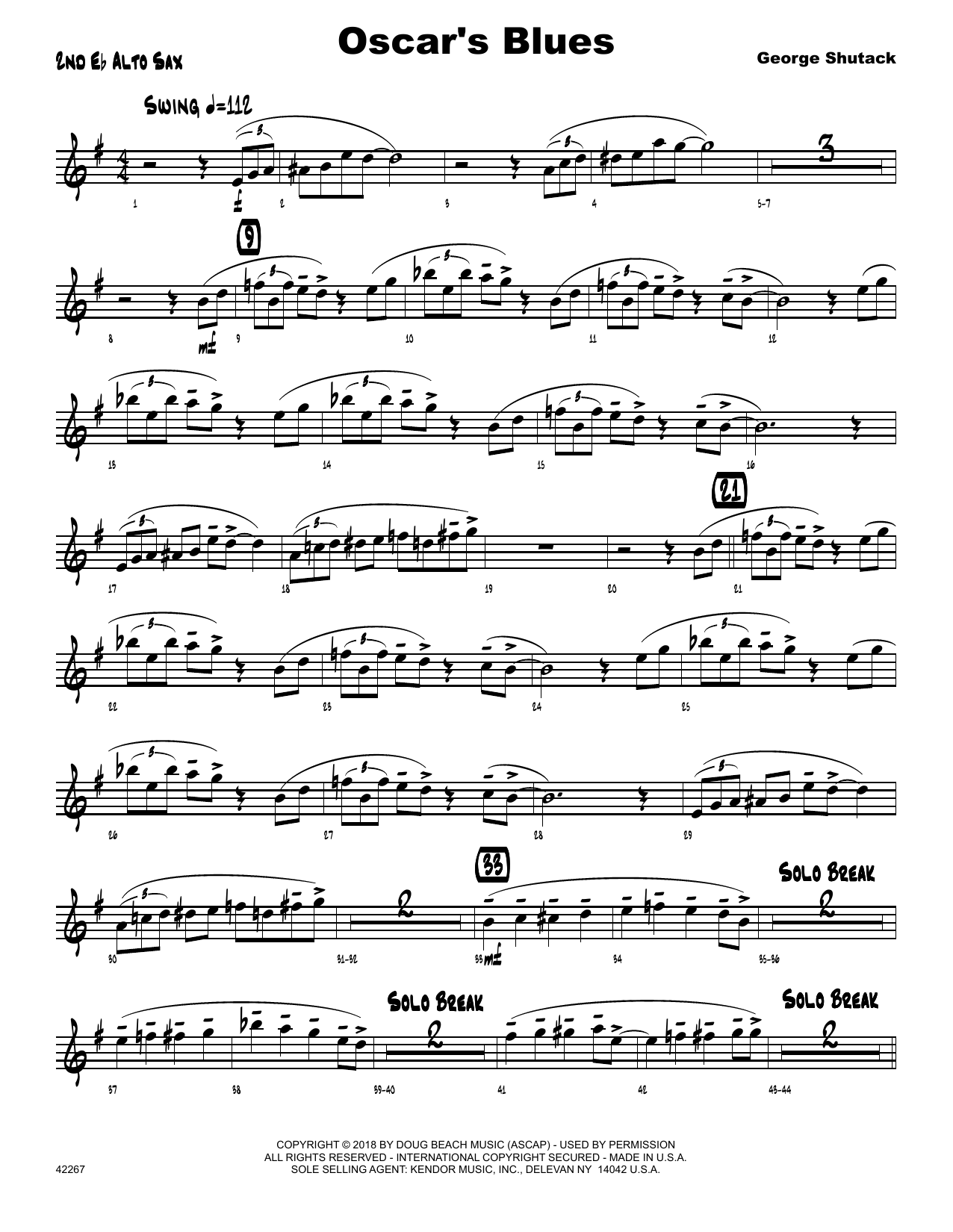 Learn to play George Shutack Oscar's Blues - 2nd Eb Alto Saxophone sheet music for Jazz Ensemble in minutes. George Shutack Oscar's Blues - 2nd Eb Alto Saxophone sheet music preview music notes and score for Jazz Ensemble including 2 page(s)