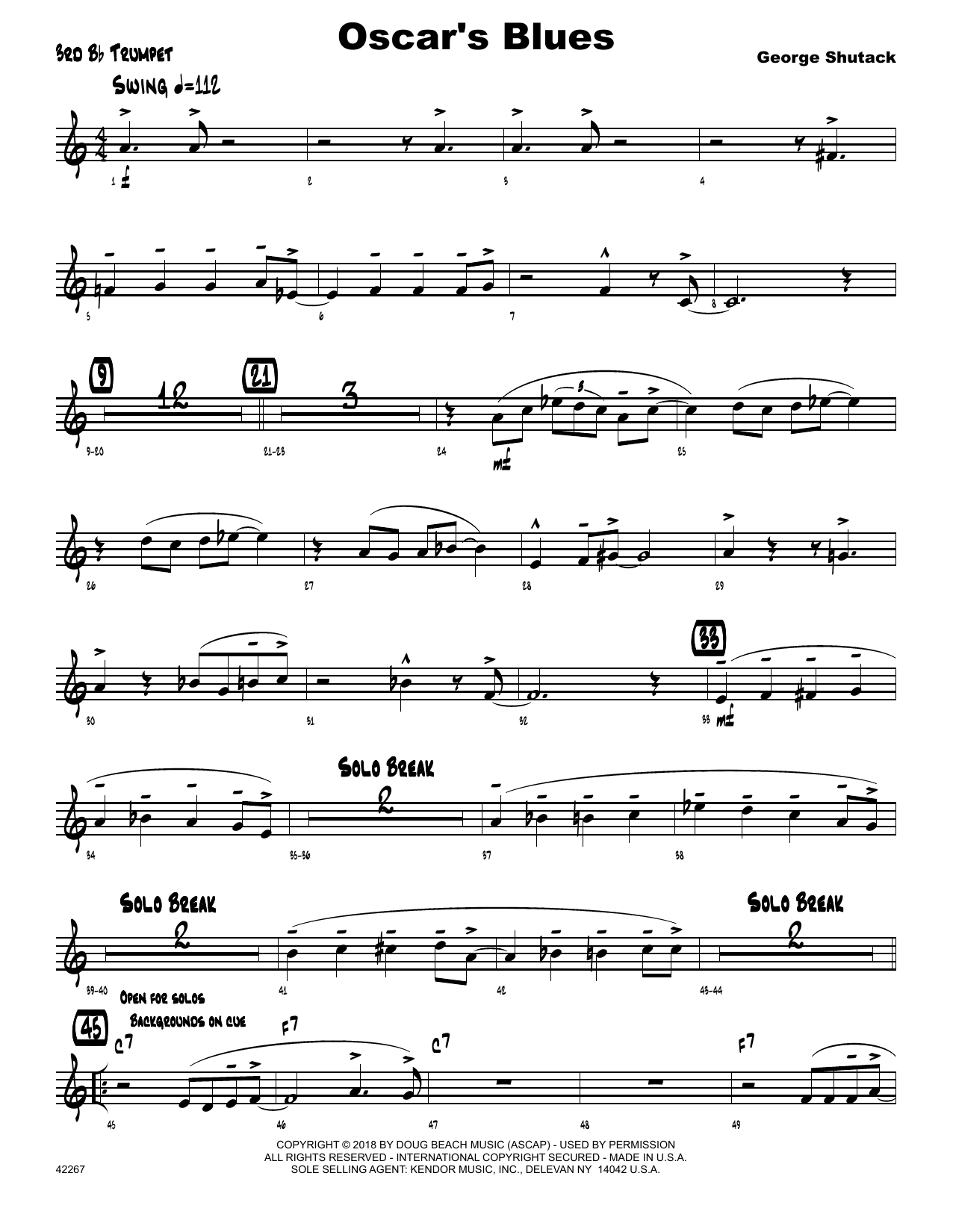 Learn to play George Shutack Oscar's Blues - 3rd Bb Trumpet sheet music for Jazz Ensemble in minutes. George Shutack Oscar's Blues - 3rd Bb Trumpet sheet music preview music notes and score for Jazz Ensemble including 2 page(s)