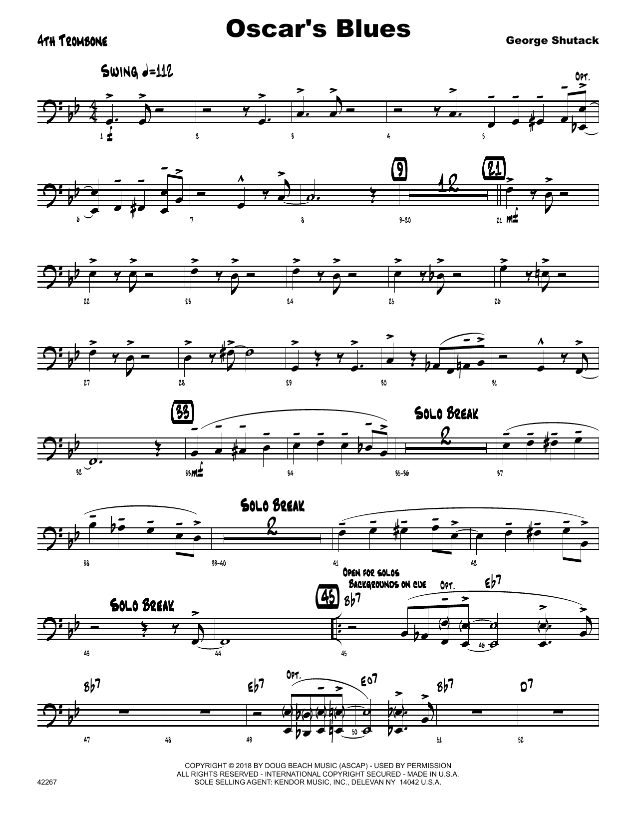 George Shutack Oscar's Blues - 4th Trombone sheet music preview music notes and score for Jazz Ensemble including 2 page(s)