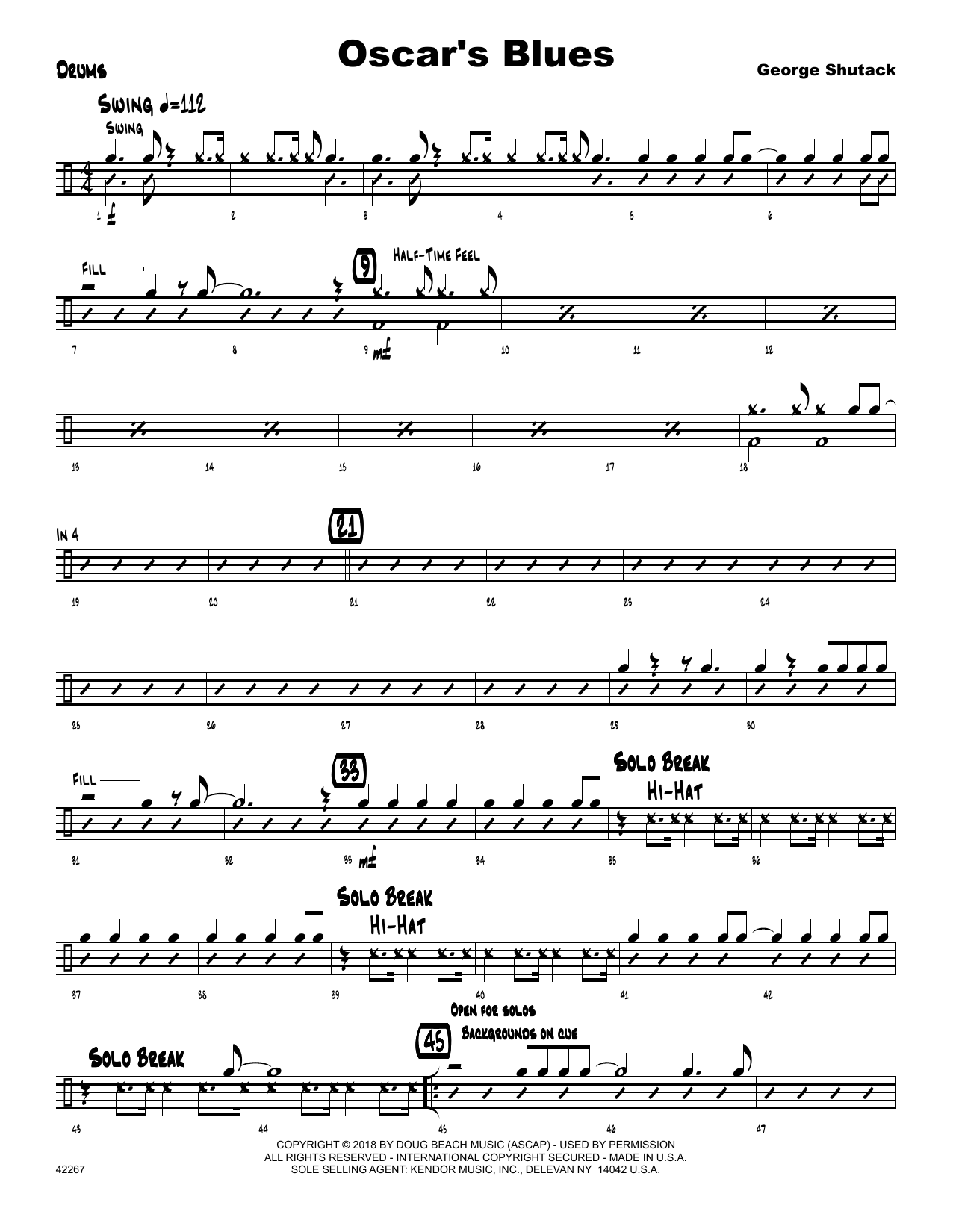Learn to play George Shutack Oscar's Blues - Drum Set sheet music for Jazz Ensemble in minutes. George Shutack Oscar's Blues - Drum Set sheet music preview music notes and score for Jazz Ensemble including 2 page(s)