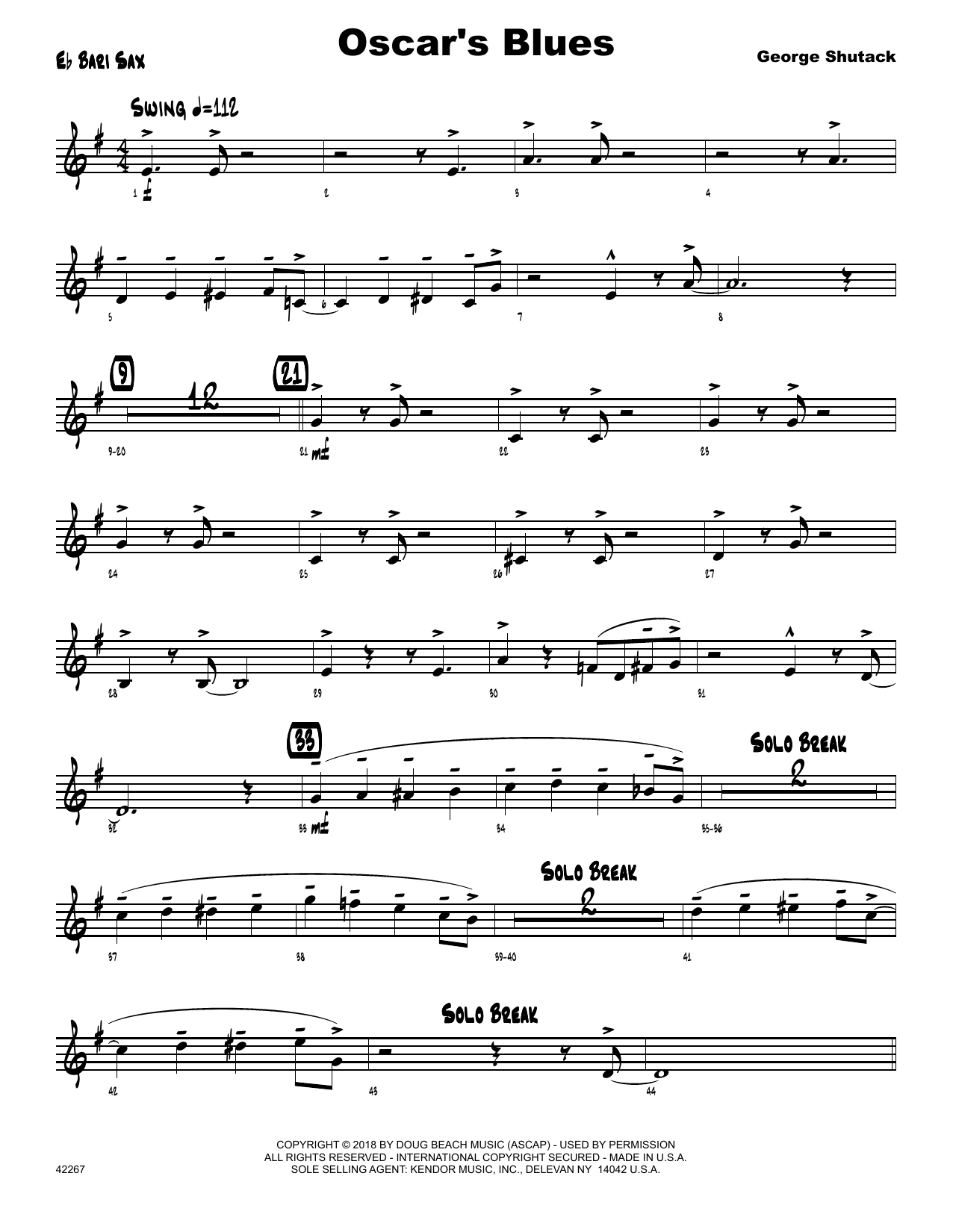 Learn to play George Shutack Oscar's Blues - Eb Baritone Saxophone sheet music for Jazz Ensemble in minutes. George Shutack Oscar's Blues - Eb Baritone Saxophone sheet music preview music notes and score for Jazz Ensemble including 2 page(s)