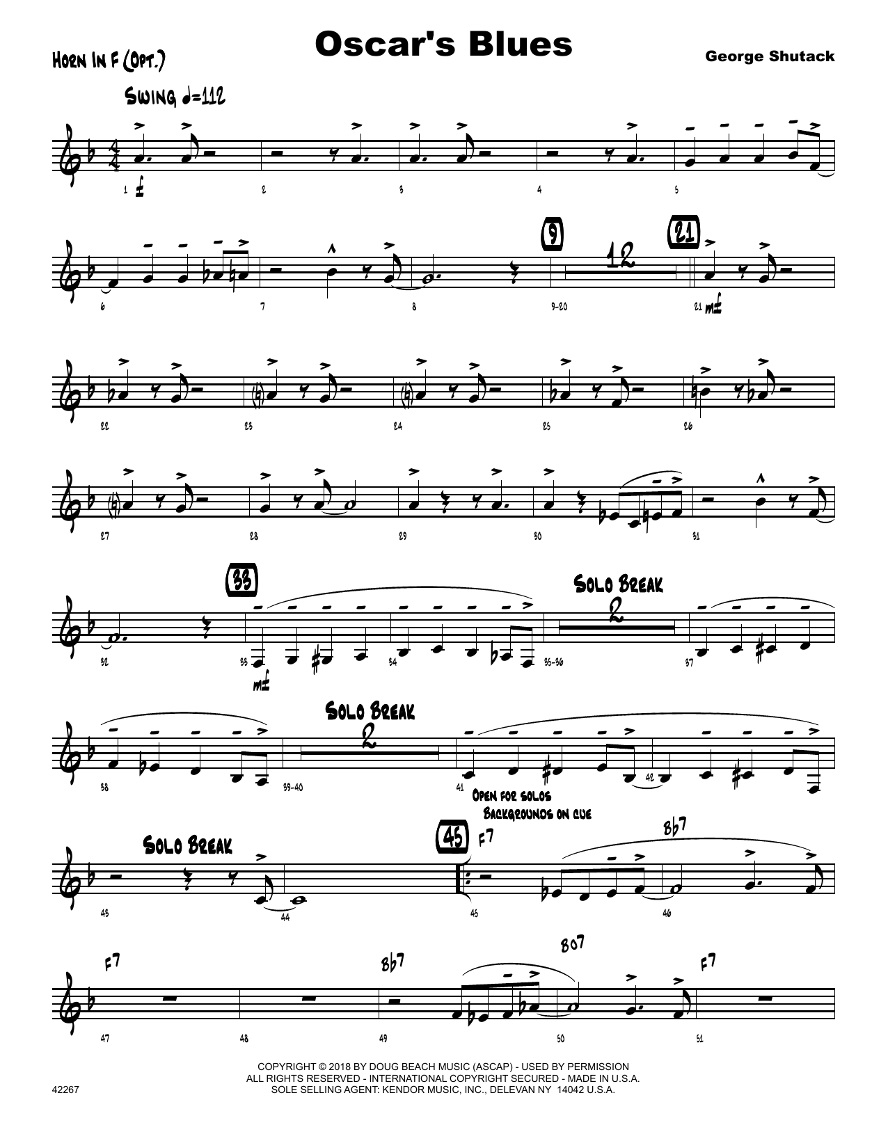 George Shutack Oscar's Blues - Horn in F sheet music preview music notes and score for Jazz Ensemble including 2 page(s)