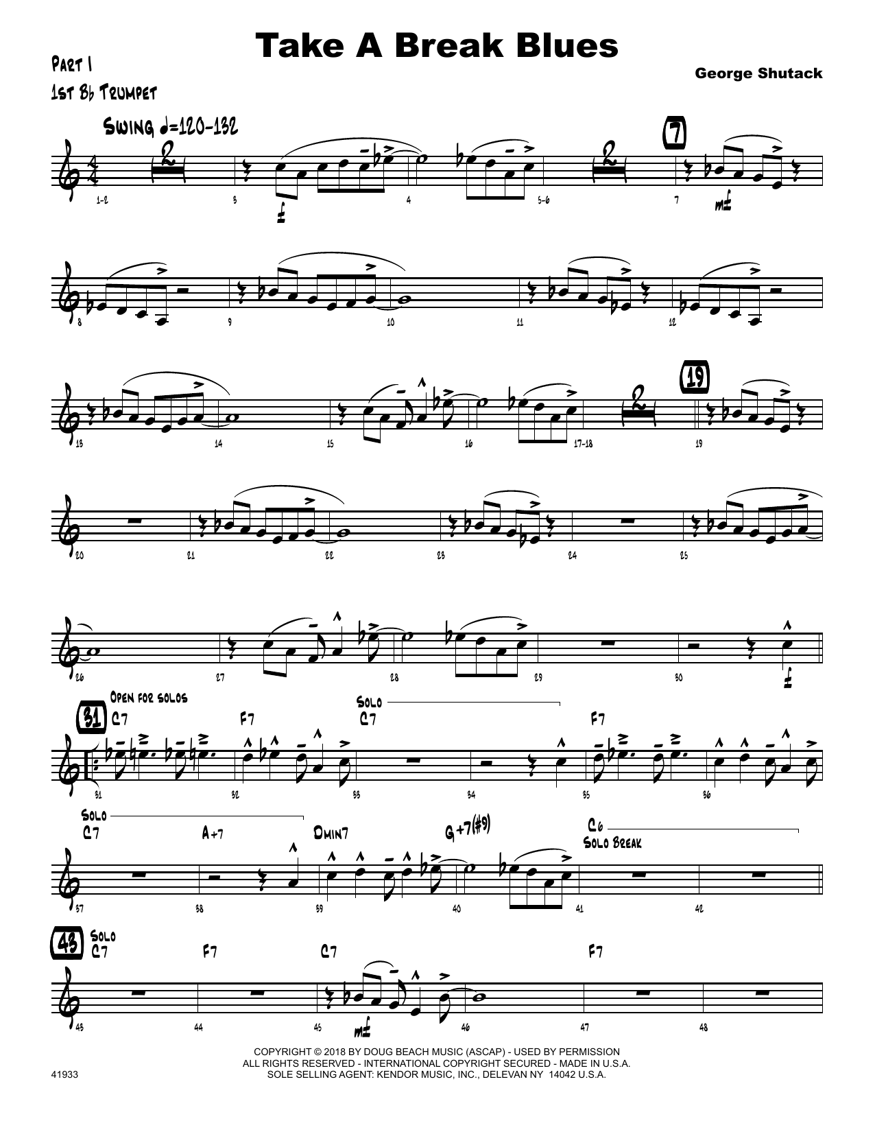 Learn to play George Shutack Take A Break Blues - 1st Bb Trumpet sheet music for Jazz Ensemble in minutes. George Shutack Take A Break Blues - 1st Bb Trumpet sheet music preview music notes and score for Jazz Ensemble including 2 page(s)