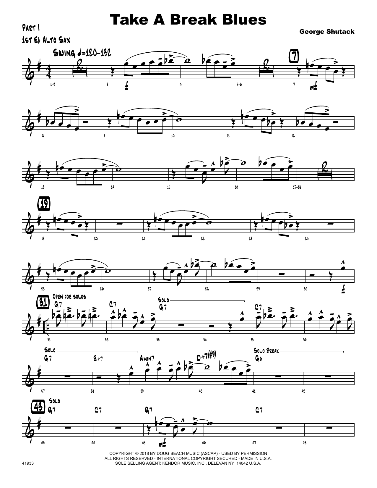 Learn to play George Shutack Take A Break Blues - 1st Eb Alto Saxophone sheet music for Jazz Ensemble in minutes. George Shutack Take A Break Blues - 1st Eb Alto Saxophone sheet music preview music notes and score for Jazz Ensemble including 2 page(s)