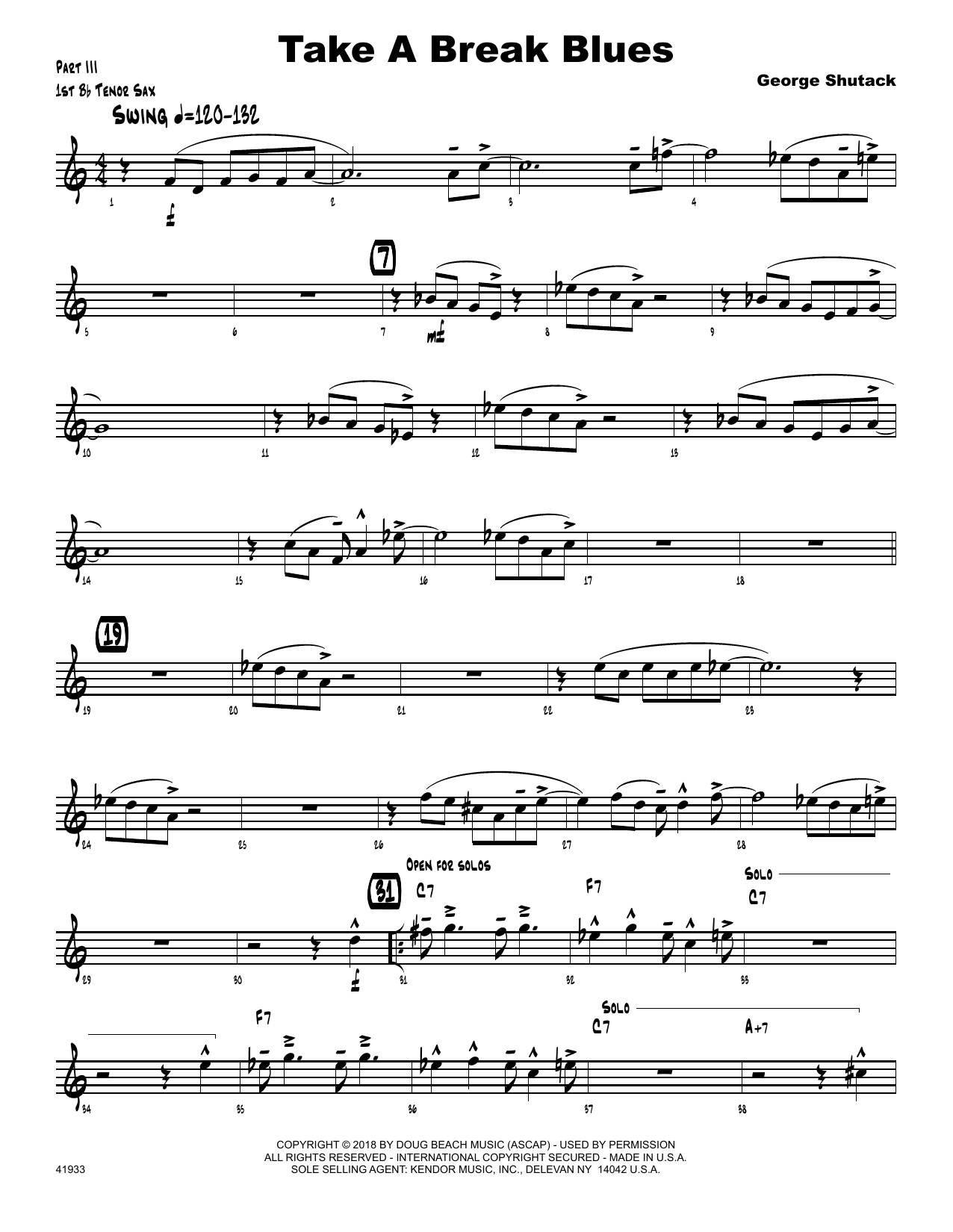 Learn to play George Shutack Take A Break Blues - 1st Tenor Saxophone sheet music for Jazz Ensemble in minutes. George Shutack Take A Break Blues - 1st Tenor Saxophone sheet music preview music notes and score for Jazz Ensemble including 2 page(s)
