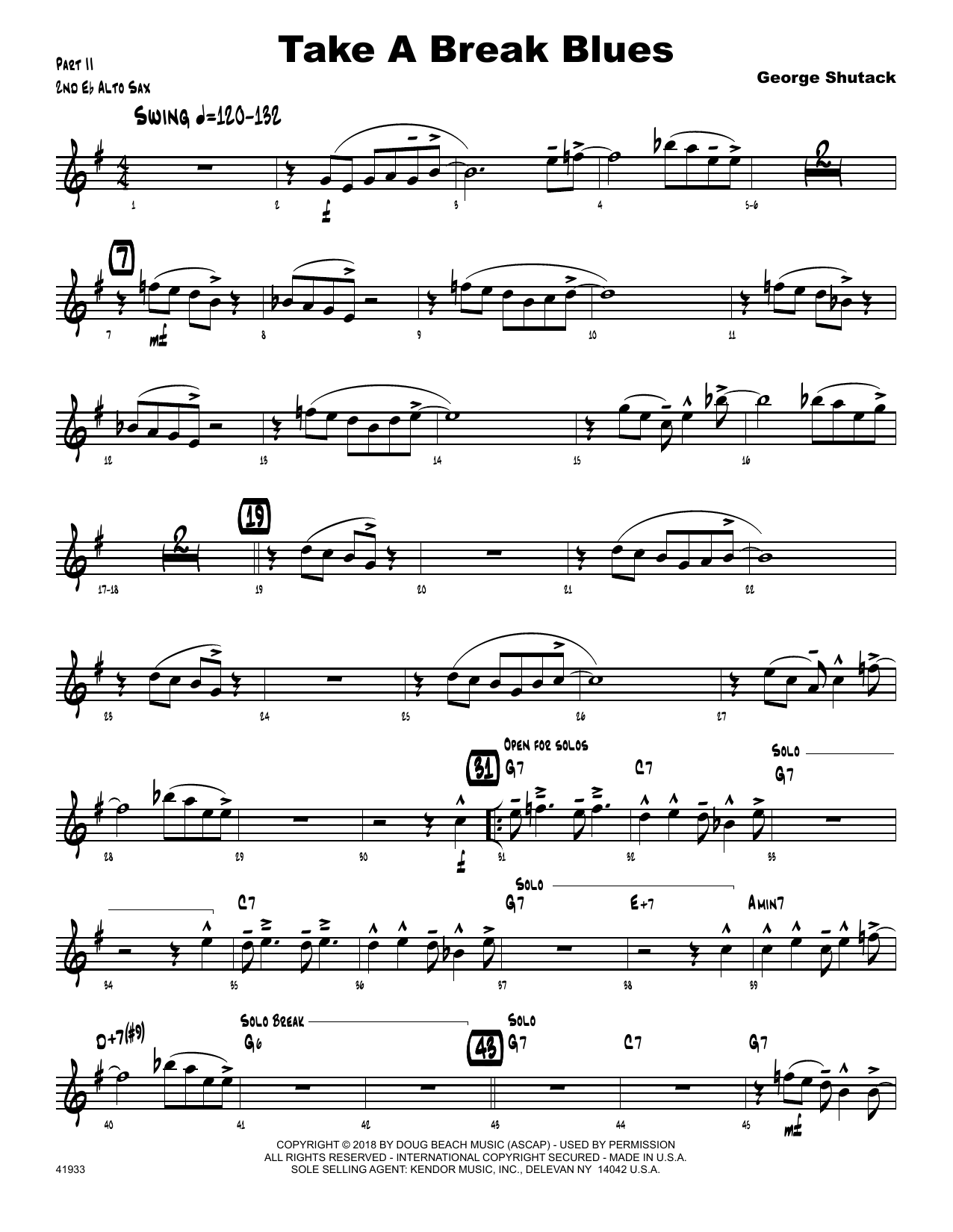 Learn to play George Shutack Take A Break Blues - 2nd Eb Alto Saxophone sheet music for Jazz Ensemble in minutes. George Shutack Take A Break Blues - 2nd Eb Alto Saxophone sheet music preview music notes and score for Jazz Ensemble including 2 page(s)